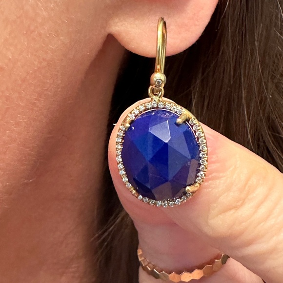 Designer IRENE NEUWIRTH 18K Yellow Gold Oval Lapis Lazuli Diamond Drop Earrings - Picture 5 of 15